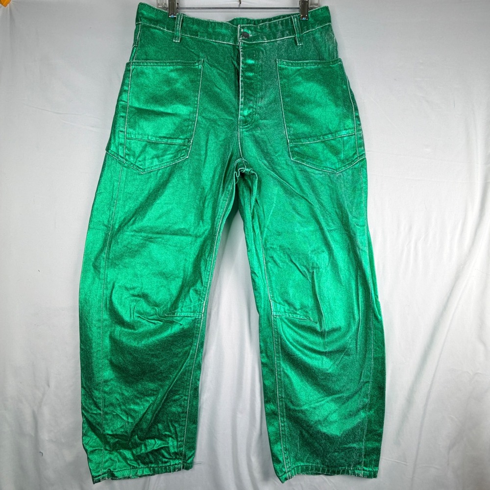Pilcor Green Metallic High Rise Straight Leg Pants Size 33 Emerald Disco